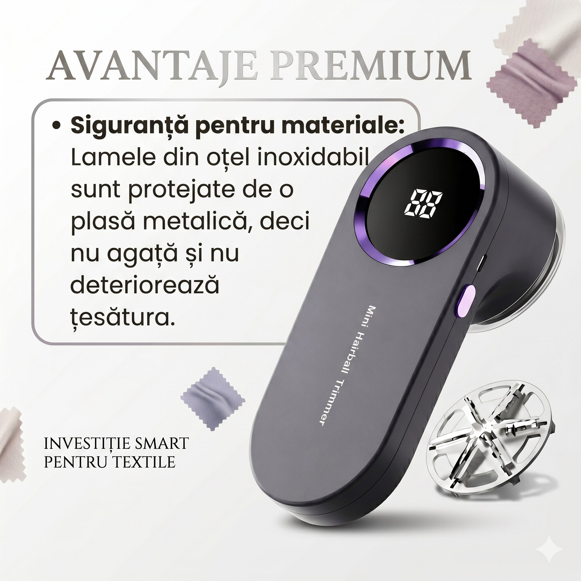 Aparat Electric Portabil pentru Curatat Scame DREVOX, Baterie 500mAh, Lame din Otel Inoxidabil, Rezervor Detasabil, pentru Haine, Canapea, Lenjerii, Fotolii, Scaune Auto Textile