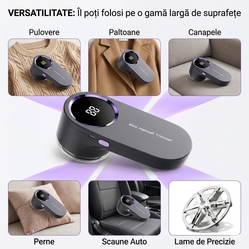 Aparat Electric Portabil pentru Curatat Scame DREVOX, Baterie 500mAh, Lame din Otel Inoxidabil, Rezervor Detasabil, pentru Haine, Canapea, Lenjerii, Fotolii, Scaune Auto Textile