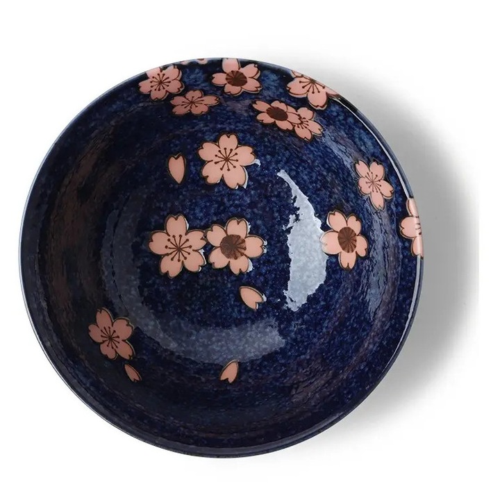 Bol - Bleumarin cu flori roz, Portelan, Albastru
