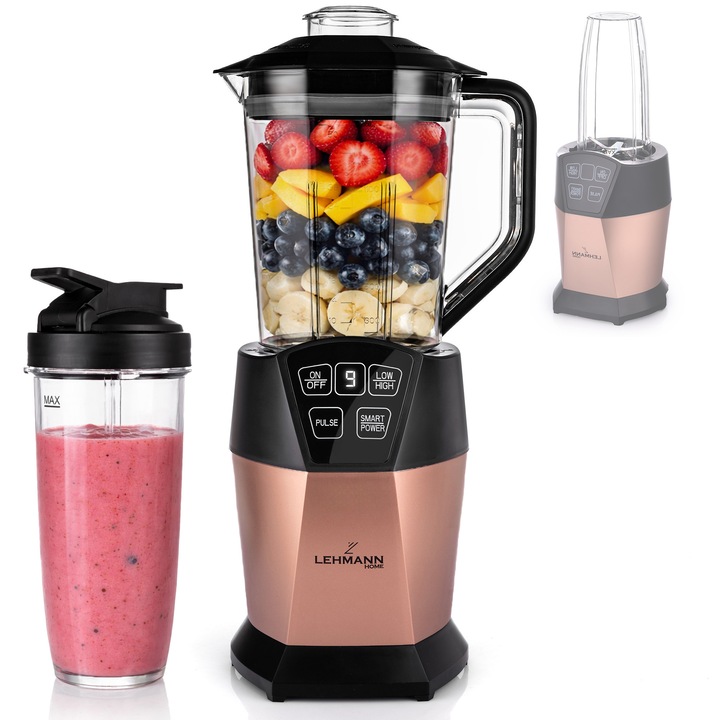 Multifunkciós turmixgép Lehmann Twisto 1000W, 1, 5L + 800ml pohár, 20 000 RPM, 4 program, Smart Power, Tritan BPA-mentes, kijelző, rózsaarany, 15x20x42 cm, 2, 9 kg