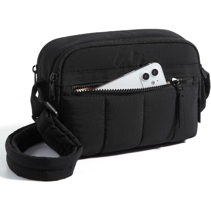 Női táska, crossbody állítható vállpánttal, YSBER®, több rekeszes, cipzáras záródás, mindennapi kirándulásokhoz és utazáshoz alkalmas, 22x16x7 cm, Valentin-napi ajándékok, ballagási ajándékok, Fekete