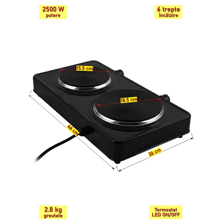 Plita electrica dubla portabila, 2500 W putere, 46x26x6 cm dimensiuni, 2.8 kg greutate