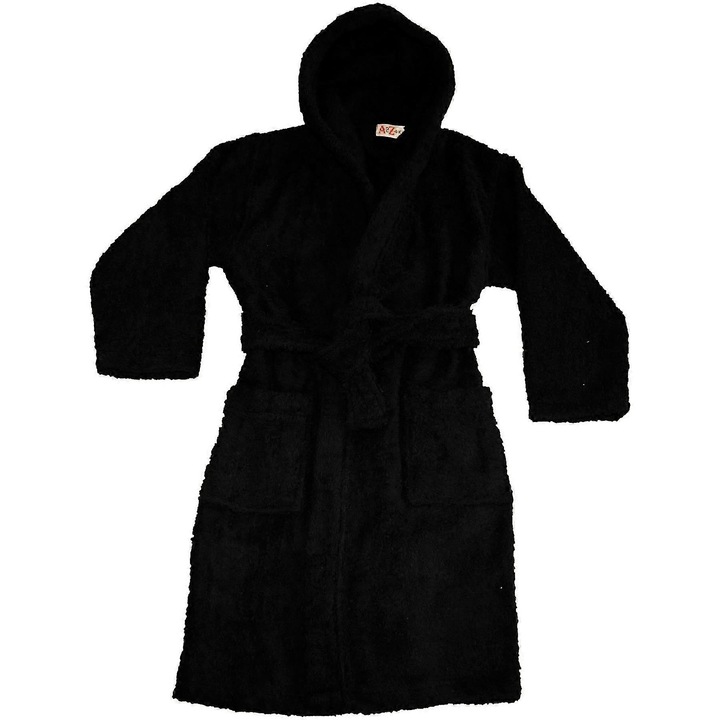 Halat de baie cu gluga pentru copii, 100% bumbac, negru, 11-12 ani, set prosoape
