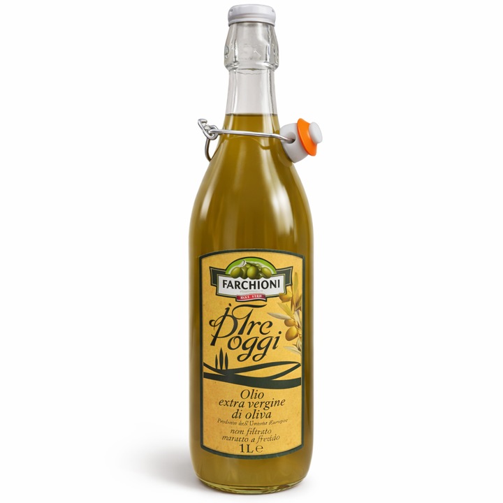 Ulei de măsline extravirgin Farchioni Tre Poggi, nefiltrat, presat la rece, 1 litru, sticlă, Italia