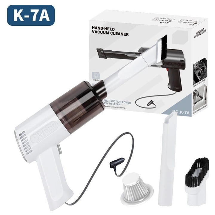 Aspirator Portabil Auto Tip Pistol K7A, Pentru Casa si Masina, Cablu Auto, 36 x 17 cm, Alb