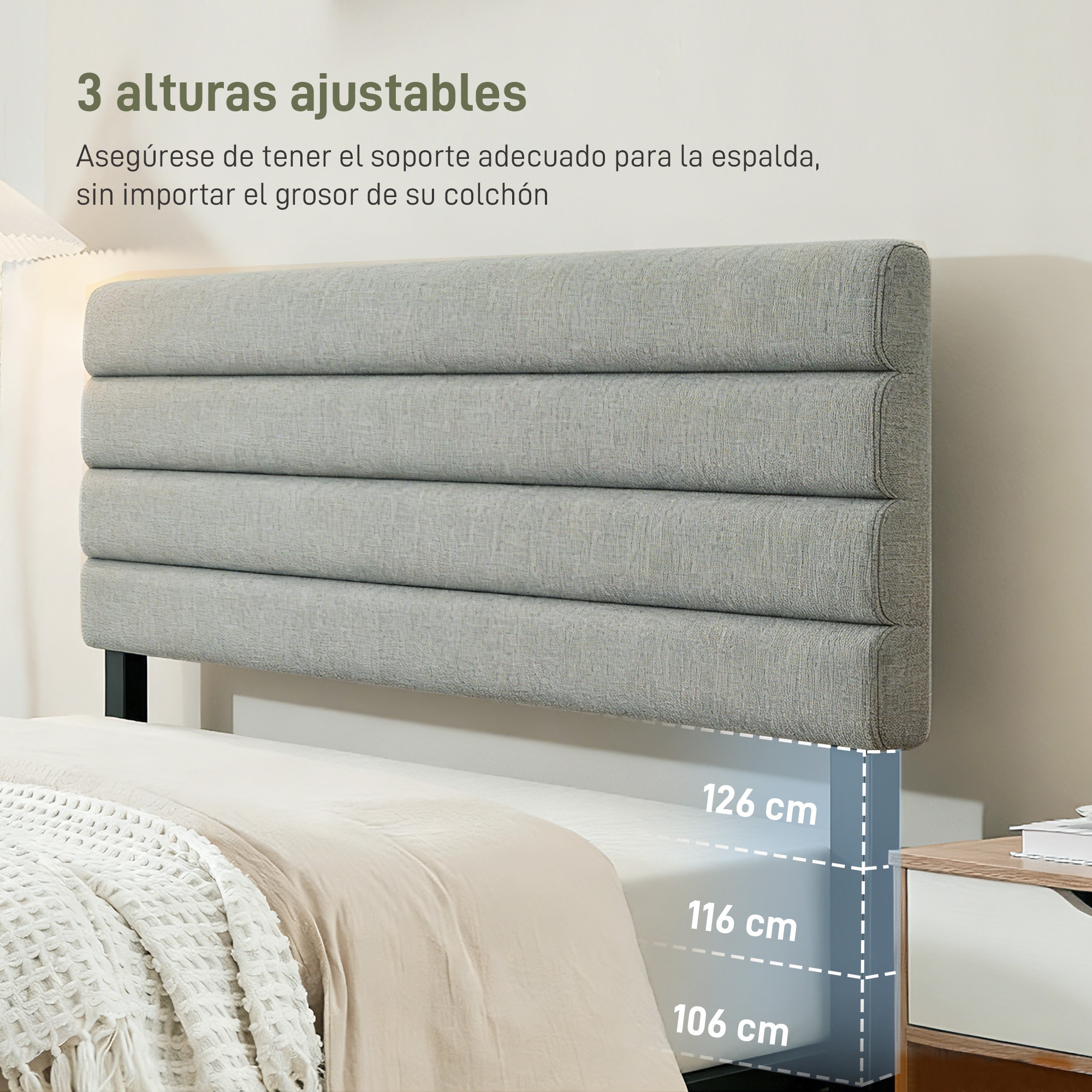 Tablie Pat Roz Tablie de pat tapitată, ivoire, înălțime ajustabilă 106-126 cm, pentru ...