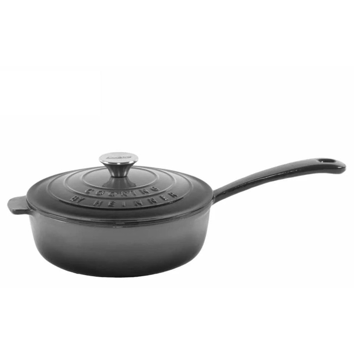 Cratita fonta emailata cu coada si capac 24x8cm, capacitate 2.5L, Marble Gray