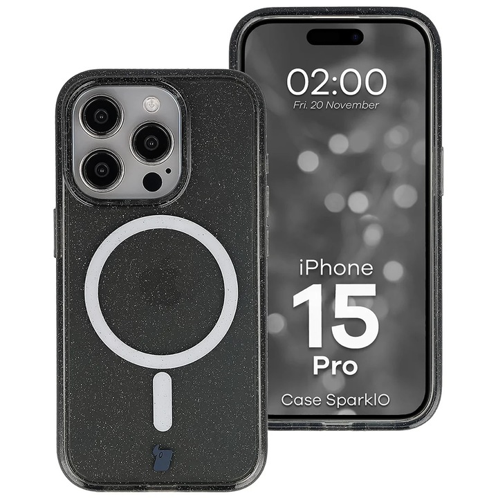 Husa cu sclipici pentru Magsafe Bizon Case SparklO pentru iPhone 15 Pro, Negru-transparent
