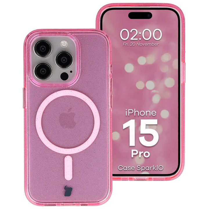 Husa cu sclipici pentru Magsafe Bizon Case SparklO pentru iPhone 15 Pro, roz transparent