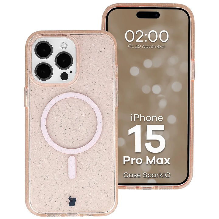 Husa cu sclipici pentru Magsafe Bizon Case SparklO pentru iPhone 15 Pro Max, portocalie-transparent