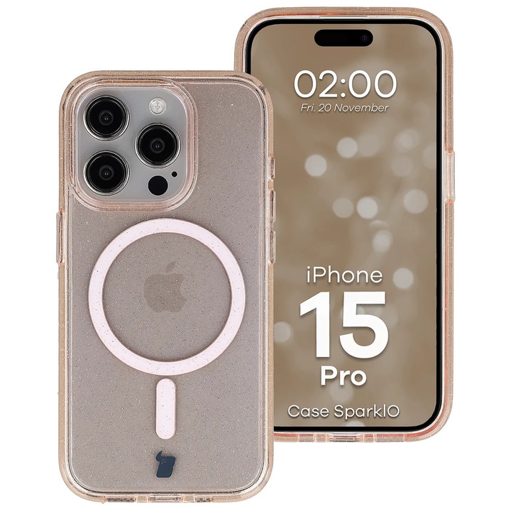 Husa cu sclipici pentru Magsafe Bizon Case SparklO pentru iPhone 15 Pro, portocalie-transparent