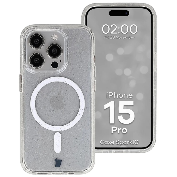 Husa cu sclipici pentru Magsafe Bizon Case SparklO pentru iPhone 15 Pro, Transparent
