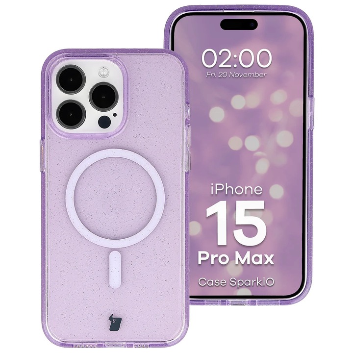 Husa cu sclipici pentru Magsafe Bizon Case SparklO pentru iPhone 15 Pro Max, transparent-violet