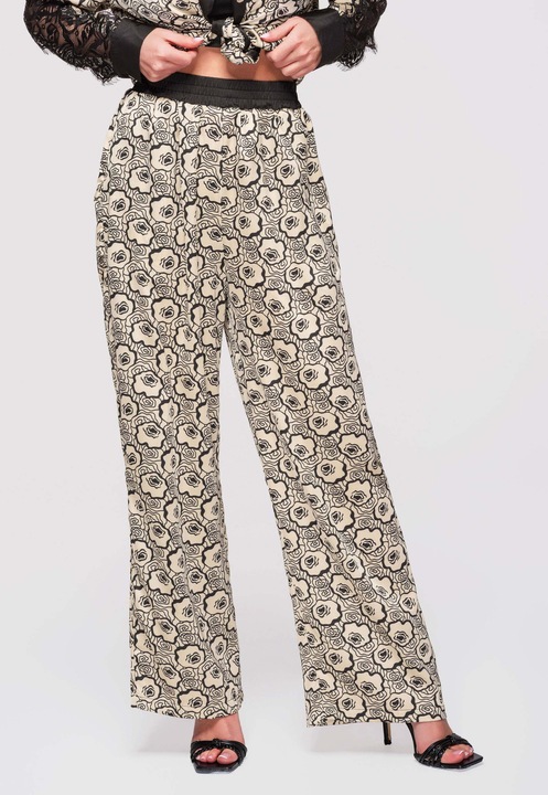 LARICA Pantaloni Lungime Completa cu Imprimeu Floral si Talie Elastica, Croiala Larga, Bej