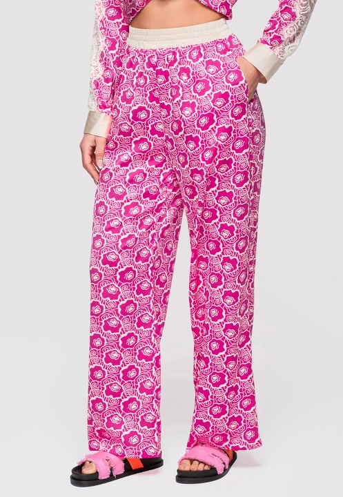 LARICA Pantaloni Lungime Completa cu Imprimeu Floral si Talie Elastica, Croiala Larga, Fucsia