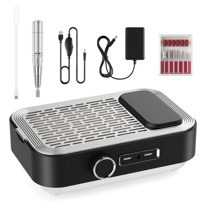 Freza electrică pentru unghii, 80W, negru, cu aspirare integrată, LED 5W, 30.000 rpm