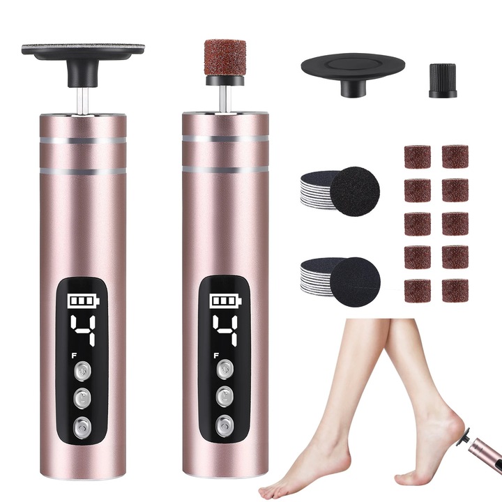 Pila electrică pentru picioare, 2-in-1, 2 capete, LED, roz, reîncărcabilă
