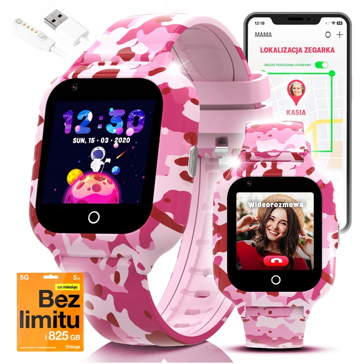 Ceas inteligent pentru copii JG Smart, 4G LTE, GPS, roz, set premium