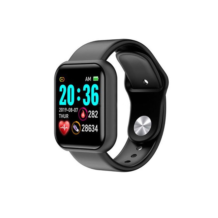 Smartwatch L18S, monitorizare puls și tensiune, negru, curea silicon, ecran 1.3 inch