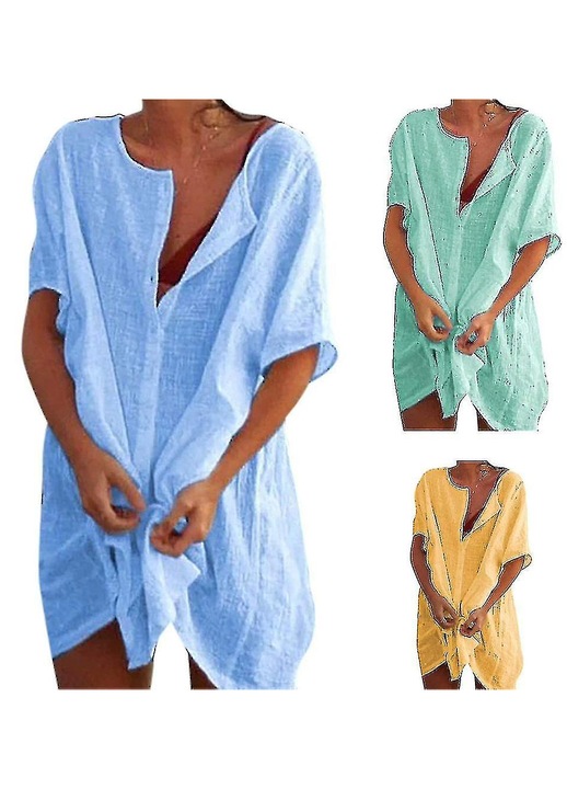 Rochie de plaja pentru femei, alba, cu guler rotund si deschidere cu nasturi, marimi S-5XL, set de rochii de plaja