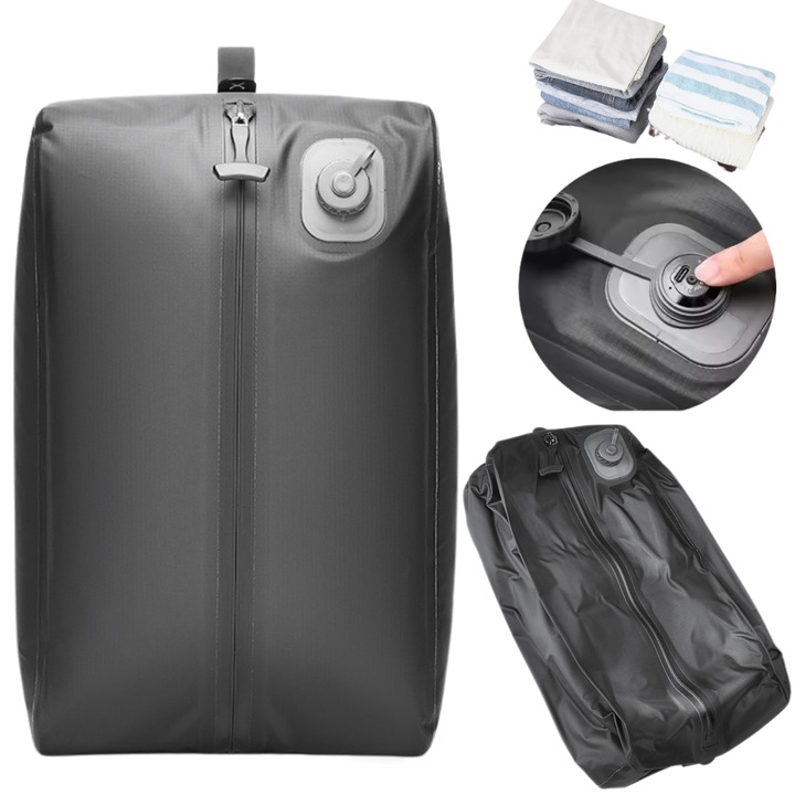 Geanta Vacuum cu Compresie Automata pentru Bagaj, Sac Vacum cu Pompa Electrica Integrata USB, Depozitare Haine, Impermeabila, Economisire Spatiu Valiza, Organizator Calatorii si Travel, 43x26x15cm, negru