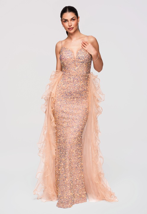 LARICA Rochie Maxi de Seara cu Paiete si Croiala Sirena Eleganta, Bej, L