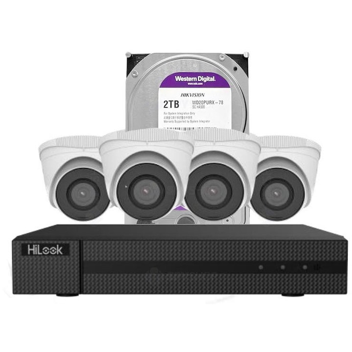 Sistem supraveghere IP Hikvision HiLook HI-NK-4288T, 4 camere 8 MP, 2.8 mm, 4K, HDD 2TB inclus