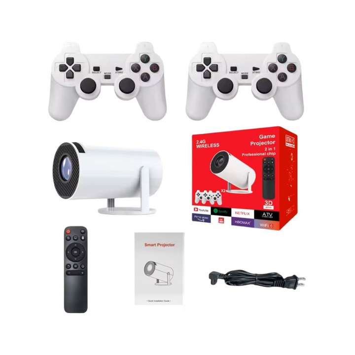 Proiector portabil pentru jocuri video retro 4K, suportă Bluetooth și Wi-Fi, set cu 2 controlere wireless
