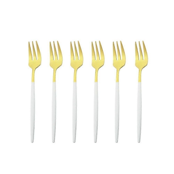 Set 6 Tacamuri, Furculite pentru Tort si Gustari, Otel Inoxidabil, Alb, Aur