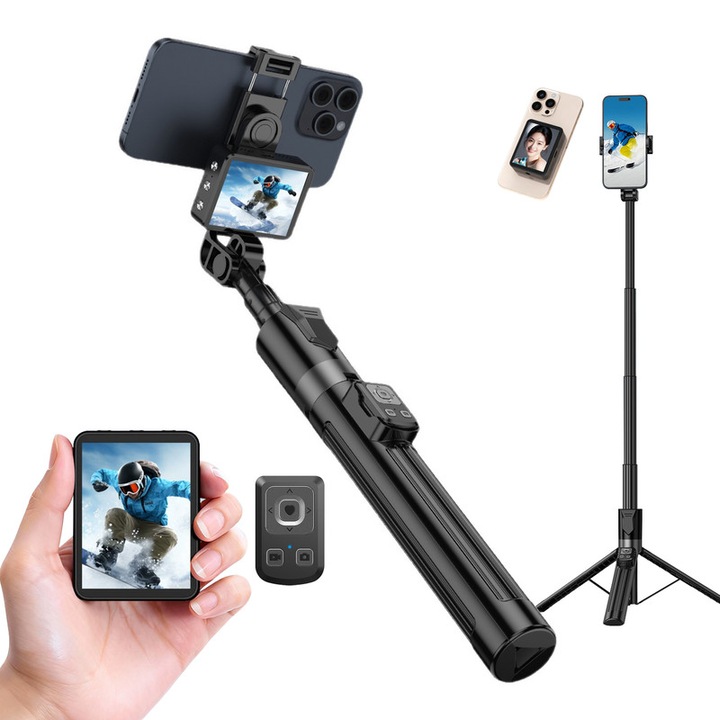 Telefon állvány 160cm szelfi monitorral, távirányítóval, fekete