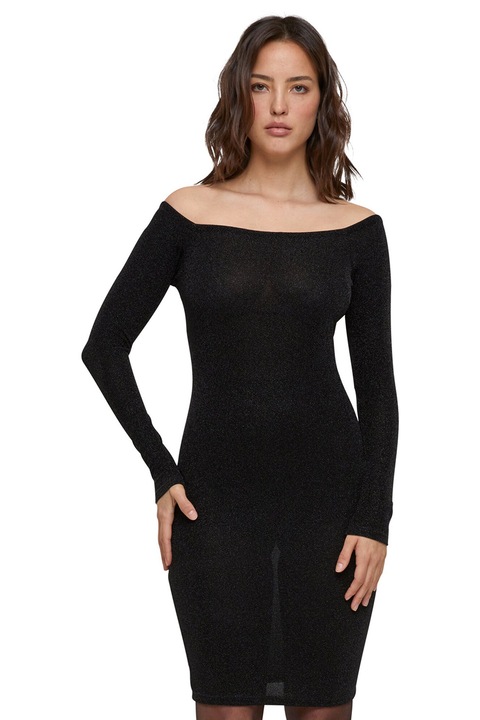 Urban Classics, Rochie cu aspect stralucitor si decolteu pe umeri, Negru