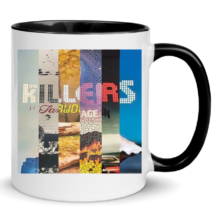 Cana ceramica 330ml alba cu accente negre, design inspirat de The Killers, pentru cafea si ceai, rezistenta la masina de spalat.