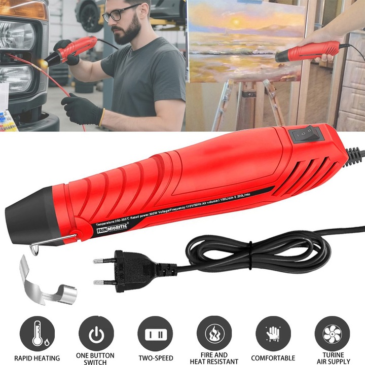 Pistol cu ​​aer cald manual de 300W, Fain Mioritic®, Mini pistol cu ​​aer cald electric pentru uscare cu aer cald, Potrivit pentru bricolaj, mestesuguri, ambalarea tuburilor termocontractabile, repararea telefoanelor mobile, ambalarea, embosarea etc