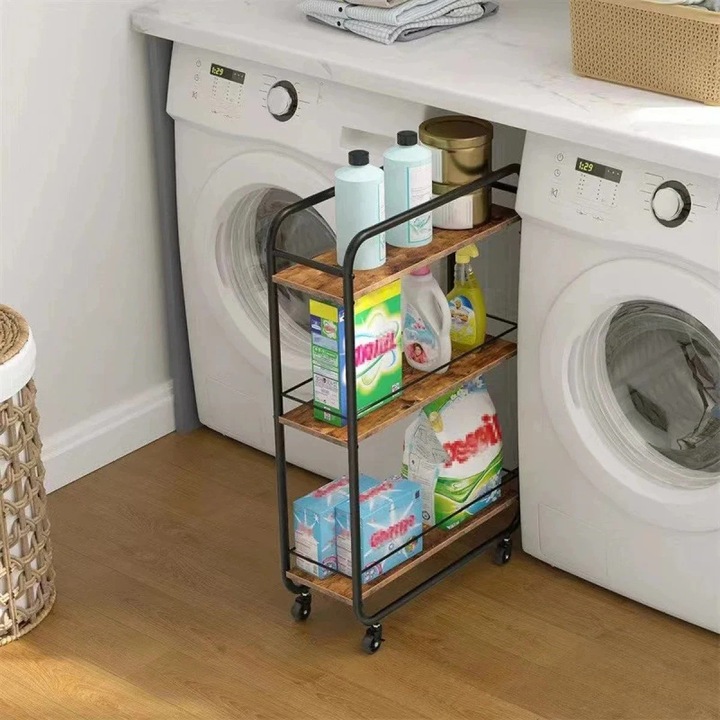 Raft slim cu 3 polite MDF si structura metalica, rotativ la 360°, dimensiuni 50 x 20 x 81 cm, negru/ maro