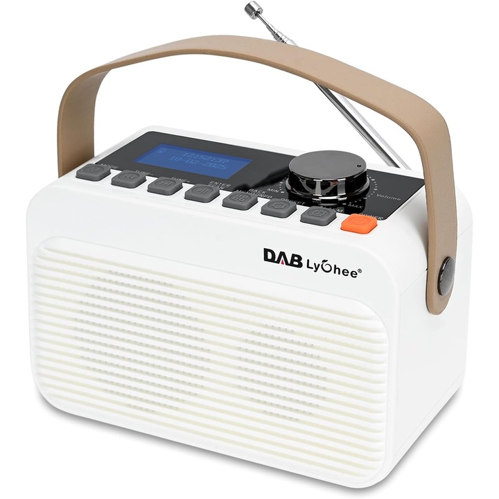 Преносимо радио Lychee DAB/DAB+ & FM, Bluetooth 5.0, презареждаема батерия 4000 mAh, LED дисплей, възпроизвеждане от USB & TF карта, 3.5 мм жак за слушалки, функция аларма, компактен дизайн с каишка, кремаво бял