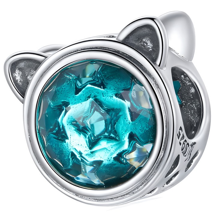 Charm din argint 925 cu cristale, model cap de pisica, 11x10,6mm, Trusky