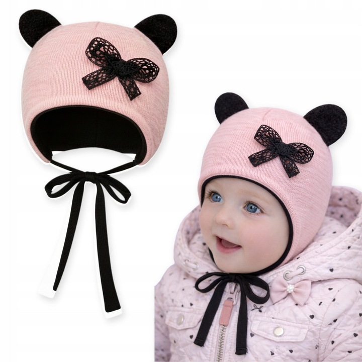 Caciula pentru fetite cu urechi si fundita, Dartomik, 34-36, multicolor, pentru primavara si toamna