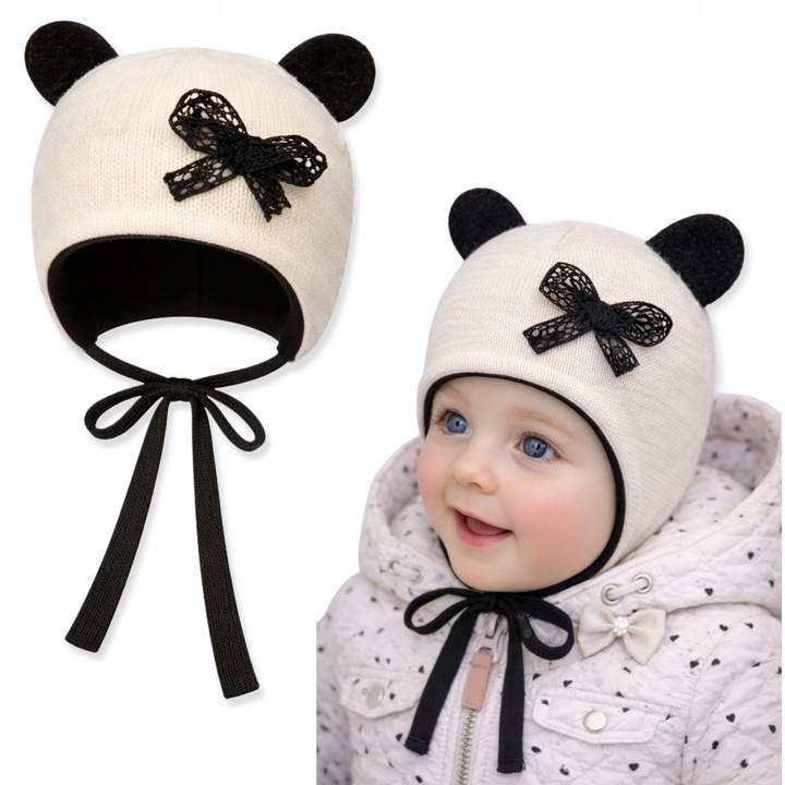 Caciula pentru fetite cu urechi si fundita, 40-42, Dartomik, roz deschis, set pentru copii