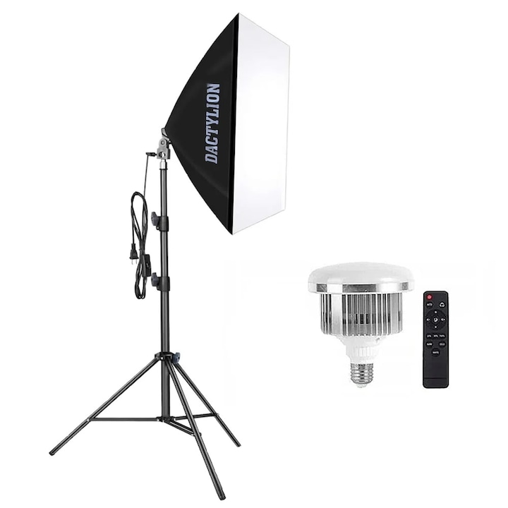 Kit iluminare studio cu softbox rectangular reglabil, trepied 200 cm si bec LED 105W, control telecomanda, montura universala 1/4 inch