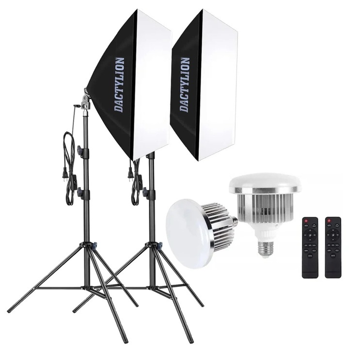 Kit iluminare studio profesional cu 2 softbox dreptunghiulare, 2 trepiede 200 cm si 2 becuri LED 105W, control telecomanda, montura 1/4 universala