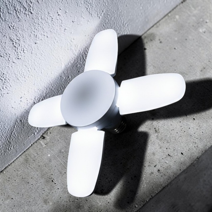 Сгъваема LED крушка Mini Fan Blade, E27, силна светлина, регулируем ъгъл, 10-40W, 3000K–6500K, 360° осветление, идеална за гараж/склад