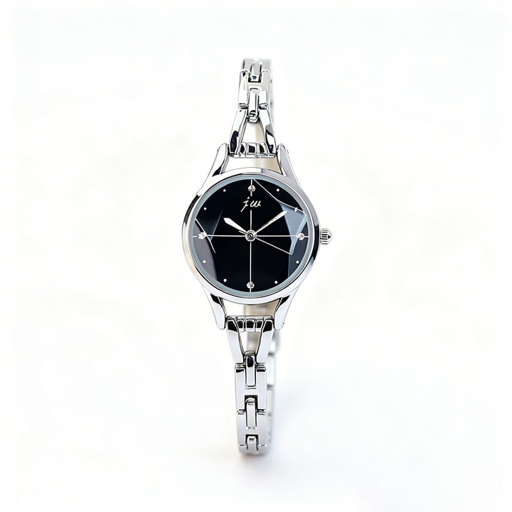Ceas de dama cu quartz GSFRQWH – bratara argintie, cadran negru, cadou de sarbatori