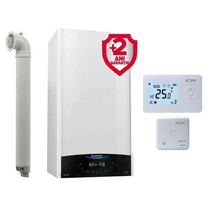 Pachet centrala termica Ariston Genus One+ 24 kW, condensare, ecran LCD tactil, extragarantie 2 ani, meniu romana + Extragarantie 2 ani si Termostat inteligent KOPH i302, WIFI, Control prin internet, Tuya Smart/Smart Life