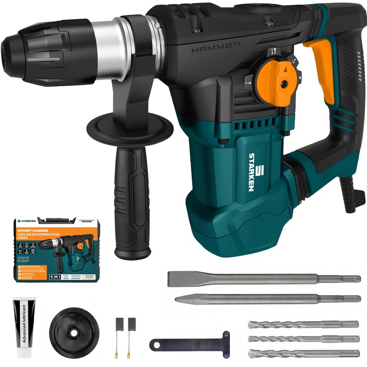 Ciocan Rotopercutor STARKEN® RXT-818, 1800W, 7J, SDS Plus, 4 Functii (Gaurire, Percutie, Daltuire Rotativa, Daltuire), 850 RPM, Maner 360°, Accesorii, Spit si Burghie Incluse, Valiza Transport, Ideal Beton si Zidarie