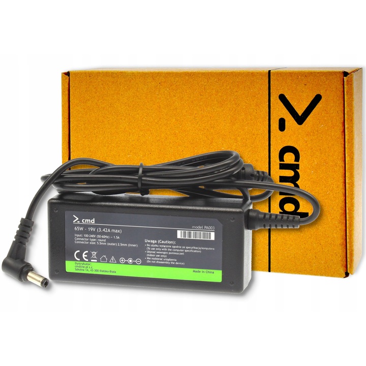 Cmd 65W töltő, 19V, 3.42A, fekete, 108x46x28mm