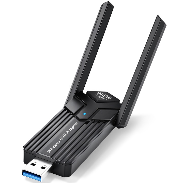 Adaptor Wireless USB AX1820 WiFi 6, 1800Mbps, Dual Band 2.4GHz & 5GHz, USB 3.0, instalare fara drivere, Stick Wireless Internet, Plug & Play, Long Range, 2 Antene, Adaptor WiFi PC, WPA3 Stick WiFi pentru PC/Laptop, Windows 10/11