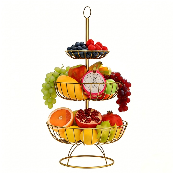 Suport fructe metalic 3 nivele, OWOSALD, auriu, 58cm