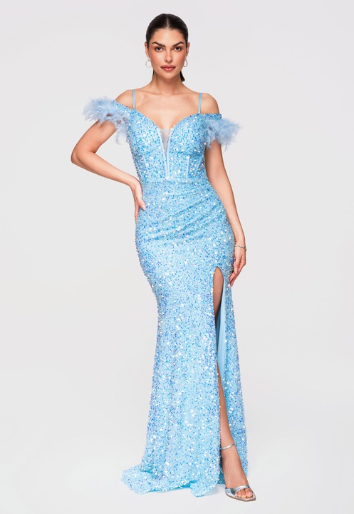 LARICA Rochie Maxi de Seara cu Paiete si Decolteu Inima, Croiala Tip Coloana, Albastru