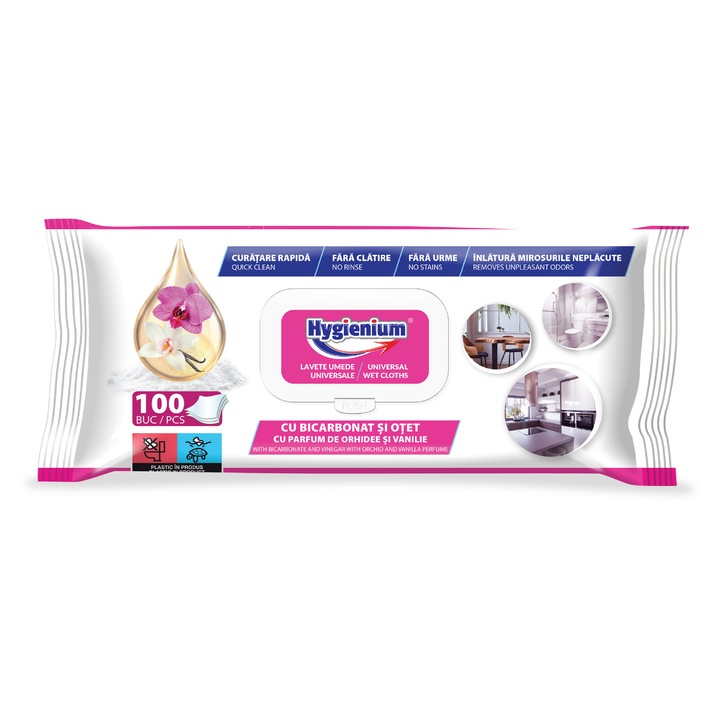 Servetele umede universale Hygienium, set 100 buc, 23x21, 5 cm, cu bicarbonat si otet, parfum orhidee si vanilie