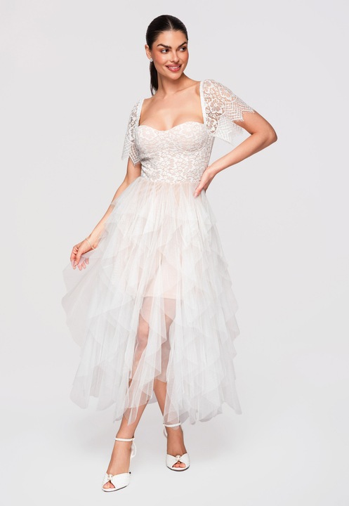 LARICA Rochie Cocktail Midi Dantela Florala Eleganta Croi Cloche, Alb